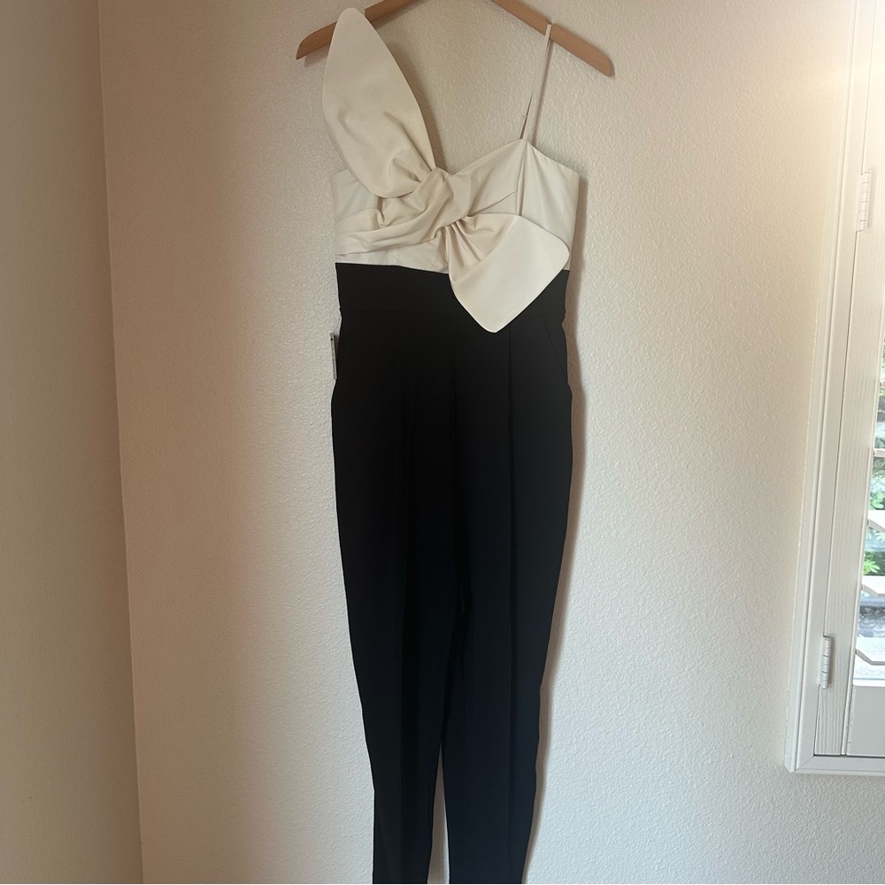 Express Statement Bow Color Block Straight Leg Jumpsuit Cocktail Party Pockets S - Picture 2 of 10